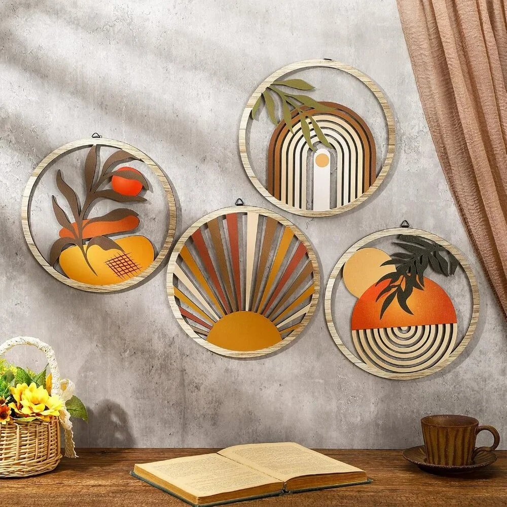 4 Boho Wall Art Bohemian Wooden Round Circle Wall Decor Hollow out Hanging - New